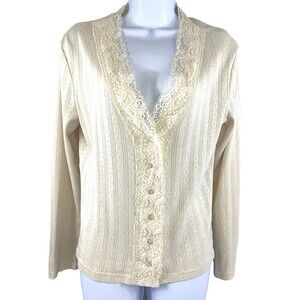 VTG New York & Co Women's L Lace & Eyelet Cardigan 100% Cotton Ivory  Button Up